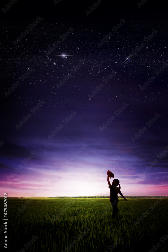 Evening sunset with a child flying a paper airplane Stock Photo | Adobe ...