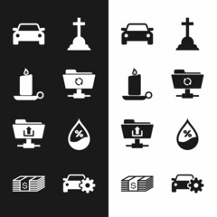 Poster - Set FTP sync refresh, Burning candle in candlestick, Car, Tombstone with cross, folder upload and Water drop percentage icon. Vector