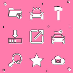 Sticker - Set Unknown directory, Car wash, Hammer, Loading, Open new window and rental icon. Vector