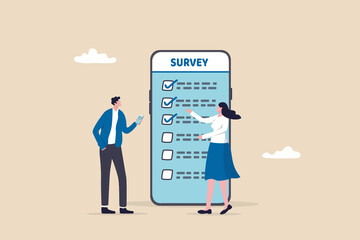 Online survey questionnaire, poll, opinion or customer feedback using internet concept, man and woman using mobile or smartphone to fill in online survey checklist.