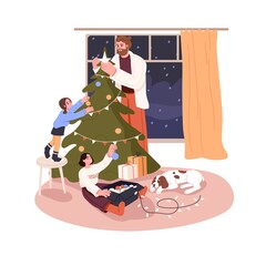 Wall Mural - Happy family decorate Xmas tree with baubles and star at home. Father and children during fir decoration on winter holidays. Flat vector illustration of parent and kids isolated on white background