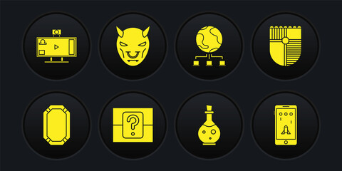 Poster - Set Poker table, Shield for game, Mystery random box, Bottle with magic elixir, Computer network, Mask of the devil horns, Mobile playing in and Live streaming online icon. Vector