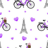 Fototapeta Boho - eiffel tower, bike with flowers in basket and purple hearts, vector illustration.