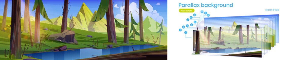 Wall Mural - parallax background coniferous forest with lake and mountains. nature 2d landscape with pond in deep