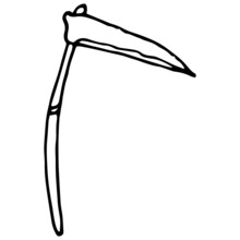 The Scythe Icon. An Old Scythe Tool Drawn In Doodle Style, Isolated Black Outline On White For A Design Template. Antique Gardening Tool