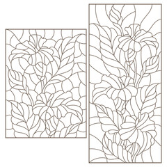 Wall Mural - Set of contour illustrations in the style of stained glass with bouquets of Calla flowers, dark outlines on a white background