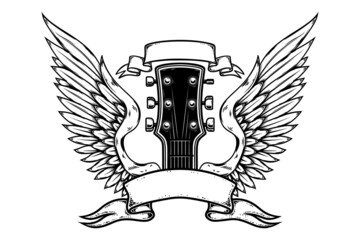 rock music festival. illustration of winged rock guitar. design element for logo, label, sign. vecto