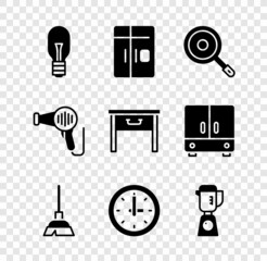 Sticker - Set Light bulb, Refrigerator, Frying pan, Handle broom, Clock, Blender, Hair dryer and Furniture nightstand icon. Vector