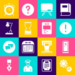 Wall Mural - Set Timing belt kit, Locker or changing room, Speech bubble and Exclamation, Chalkboard, Old hourglass, Table lamp, Alarm clock and Exam paper with incorrect answers icon. Vector