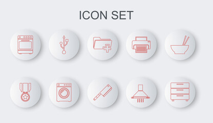 Sticker - Set line Furniture nightstand, Medal with star, Add new folder, Kitchen extractor fan, Oven, USB, Washer and Meat chopper icon. Vector