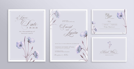 Wall Mural - Wedding Invitation Set with Save the Date, RSVP, Thank You Card. Vintage Wedding invitation template with Purple Flower