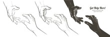 Helping Hand Concept. Gesture, Sign Of Help And Hope. Two Hands Taking Each Other. Isolated Watercolor, Line Illustration On White Background.