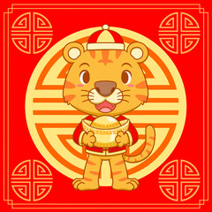 Wall Mural - Cartoon illustration of cute tiger holding gold ingot on red background for Chinese new year celebration.	