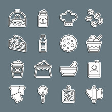 Set Line Rolling Pin On Dough, Cookbook, Ice Cream Bowl, Chef Hat, Bottle With Milk, Piece Of Cake, Brick Stove And Cookie Or Biscuit Icon. Vector