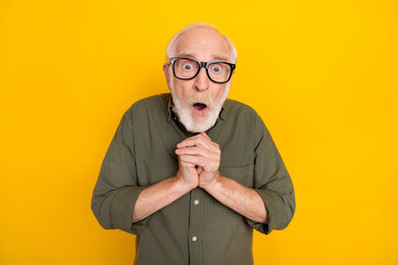 Canvas Print - Photo of impressed speechless person arms hold open mouth look camera isolated on yellow color background