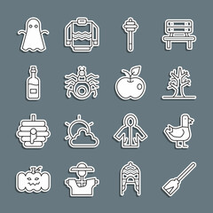 Sticker - Set line Handle broom, Dove, Bare tree, Honey dipper stick, Spider, Bottle of wine, Ghost and Apple icon. Vector