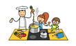 Fröhliche Kinder lernen kochen mit Koch in Küche