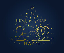 Happy New Year 2022 Golden Numbers Typography Greeting Card Design On Dark Background. Christmas Invitation Poster With Golden Glittering Number And Clock