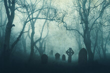 A Horror Concept Of A Spooky Graveyard In A Scary Forest In Winter, With The Trees Silhouetted By Fog. With A Muted, Grunge Edit.