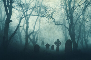 Wall Mural - A horror concept of a spooky graveyard in a scary forest in winter, with the trees silhouetted by fog. With a muted, grunge edit.