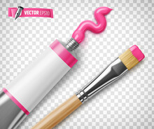 Vector Realistic Illustration Of A Pink Paint Tube And Paintbrush On A Transparent Background.