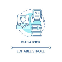 Wall Mural - Read book turquoise concept icon. Relax and study. Morning routine for health abstract idea thin line illustration. Isolated outline drawing. Editable stroke. Roboto-Medium, Myriad Pro-Bold fonts used