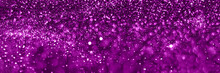 Velvet Violet Sparkling Glitter Background, Christmas Texture. Holiday Lights. Abstract Defocused Header. Wide Screen Wallpaper. Panoramic Web Banner With Copy Space For Design