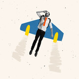 Fototapeta  - Contemporary art collage of man flying up on a plane symbolizing career growth