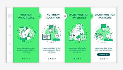 Wall Mural - Eating for exercise and sport green and white onboarding template. Choose food. Responsive mobile website with linear concept icons. Web page walkthrough 4 step screens. Lato-Bold, Regular fonts used