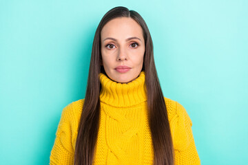 Sticker - Photo of serious confident woman wear yellow collar sweater isolated turquoise color background