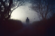 A spooky, horror concept. Of a scary shadow person with a hat standing in a country road.  With trees silhouetted against the fog. On a eerie winters night. With a grunge, blurred edit