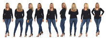 Large Group Of Same Women With Jeans And Heeled Shoes On White Background
