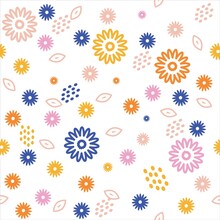 Floral Pattern Colorful Design White Background. Seamless Vector Cute Botanical Graphic. Lovely Blooming Flowers. Ornament Print. Design For Carpet, Clothing, Wrapping, Fabric, Fashion. Illustration 