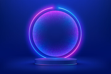 Realistic blue 3d cylinder pedestal podium in Sci-fi dark blue abstract room with illuminate circle neon lamp and shiny glitter in window. Vector rendering product display. Futuristic minimal scene.