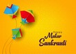 Indian festival Happy Makar Sankranti poster design with group of colorful kites flying. vector illustration design.