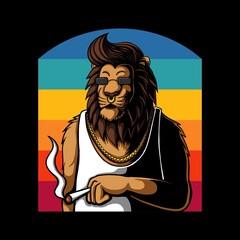 Lion relaxing while smoking retro vector illustration
