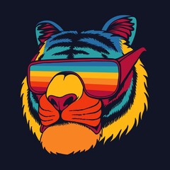 Wall Mural - Tiger wearing eyeglasses retro colorful vector illustration