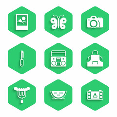 Set Home stereo with two speakers, Watermelon, Portable video game console, Kitchen apron, Sausage the fork, Knife, Photo camera and frame icon. Vector