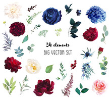 Red And Navy Rose, Blue Hydrangea, Beige Dahlia, Ranunculus, Spring Garden Flowers