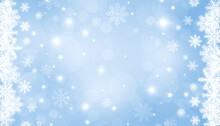 Shiny White Frame With Snowflakes On A Light Blue Bokeh Background With Stars And Sparkles. Festive Christmas Banner