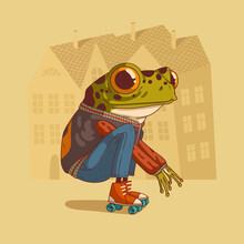 Roller Frog, Vector Illustration. Trendy Dressed Anthropomorphic Frog, Wearing Retro Roller Skates, Sitting On His Haunches Against Buildings' Silhouettes. Animal Character With Human Body. Furry