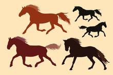 Various Silhouettes Of Running Horses, Trotters. Isolated On A Colored Background.