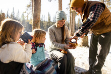Family Having Winter Barbecue In Snowy Forest
