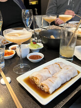 Prawn And Beancurd Cheung Fun And Citrus Cocktail Served For Dinner At The Restaurant, London