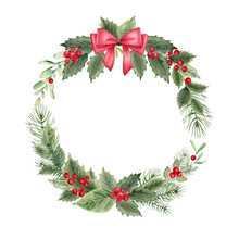 Christmas Floral Wreath With Poinsettia,holly Berries,leaves..Watercolor Illustration Isolated On White Background.