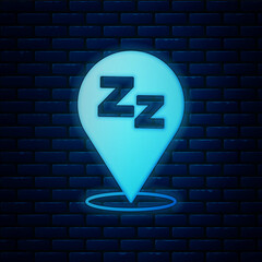 Sticker - Glowing neon Sleepy icon isolated on brick wall background. Sleepy zzz black talk bubble. Vector