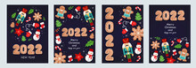 2022 New Year. Merry Christmas Banner. Set Of Colorful Cartoon Templates For Posters, Banners, Flyers, Covers, Invitation. Vector Illustration. Children's Christmas Tree Decorations. Nutcracker