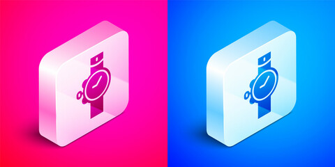 Sticker - Isometric Wrist watch icon isolated on pink and blue background. Wristwatch icon. Silver square button. Vector