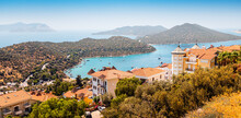 Majestic Panoramic View Of Seaside Resort City Of Kas In Turkey. Romantic Harbour With Yachts And Boats. Villas And Hotels With Red Roofs Are Open For Tourists