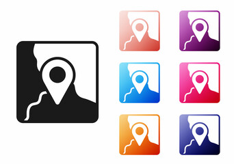 Sticker - Black Folded map with location marker icon isolated on white background. Set icons colorful. Vector